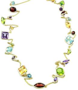 14K Yellow Gold Station Necklace With Regular Cut Gemstones By The Yard 36 Inch