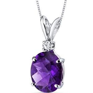 PEORA Solid 14K White Gold 2 Carats Amethyst with Diamond Pendant for Women, Genuine Gemstone Solitaire, Oval Shape 10x8mm, Real Amethyst Necklace, February Birthstone Necklace, w/Jewelry Box