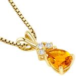 PEORA Solid 14K Yellow Gold Citrine with Diamonds Pendant for Women, Genuine Gemstone Birthstone Teardrop Solitaire, Pear Shape, 7x5mm