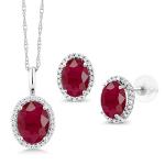 Gem Stone King 10K White Gold Gemstone Birthstone and Diamond Pendant Earrings Jewelry Set | Oval 8X6MM and 7X5MM | Gold Necklace Earrings Set for Women