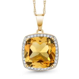 Gem Stone King Solid 10K Yellow Gold 12MM Cushion Cut Gemstone Birthstone and White Created Sapphire Halo Pendant Necklace | Gold Necklace For Women | With 18 Inch Gold Chain