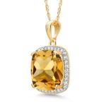 Gem Stone King Solid 10K Yellow Gold 12MM Cushion Cut Gemstone Birthstone and White Created Sapphire Halo Pendant Necklace | Gold Necklace For Women | With 18 Inch Gold Chain
