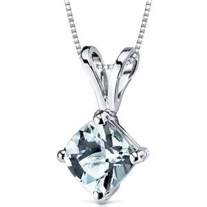 PEORA Solid 14K White Gold Aquamarine Pendant for Women, Genuine Gemstone Solitaire, 0.75 Carat Cushion Cut, 6mm, Blue Aquamarine Necklace, March Birthstone Necklace, w/Jewelry Box