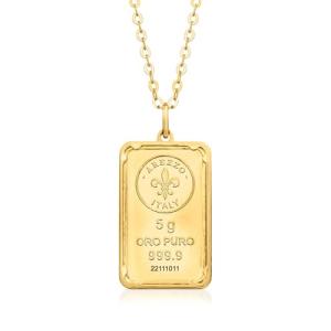 Ross-Simons Italian 24kt Yellow Gold Fleur-De-Lis 5-Gram Ingot Pendant Necklace With 14kt Gold Frame. 20 inches