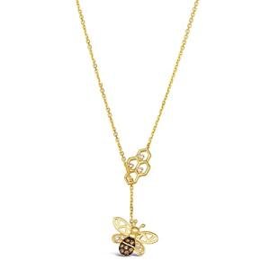LE VIAN 1/7 Carat Chocolate Diamond Honeycomb and Honey Bee Pendant Necklace for Women in 14k Yellow Gold (White/Brown, 0.14 cttw) on Adjustable Chain with Lobster Claw Clasp