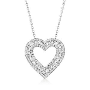 Baguette and Round Diamond Heart Pendant Necklace