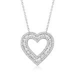Baguette and Round Diamond Heart Pendant Necklace