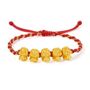 ZHOU LIU FU 24K Solid Gold Bracelet Five Snake Pure Gold Charm Red Braided Bracelet Cute Animal Jewelry for Women Mom Daughter Birthday New Year 6.3-8.7"(16+6cm) A1713120