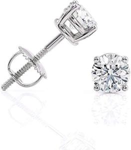 IGI Certified 2 Carat Natural Diamond Round Stud Earrings for Women - 14k White Gold Earrings for Her (H-I, I1-I2, cttw) 4-Prong Basket - Screw Back Earrings Made in USA by Beverly Hills Jewelers