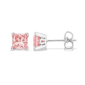 Carbon Atelier IGI Certified 2 Carat Pink Lab Grown Diamond Stud Earrings for Women I 14k White Gold Earrings for Her (VS1-VS2, 2.00 cttw) 4-Prong Princess Cut Diamond I Push Back Studs
