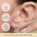 MAX + STONE IGI Certified 2 Carat Lab Grown Diamond Stud Earrings in 14k Real White Gold with 4-Prong Setting | Solitaire Real Diamond Earrings for Women