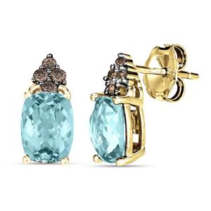 LE VIAN 1/10 Carat Chocolate Diamond and 1 2/5 Carat Cushion Cut Aquamarine Stud Earrings for Women in 14k Yellow Gold (Brown, cttw) 4-Prong Setting Push Back