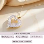 Jewelili Heart Necklace Pendant for Women | 10K Yellow Gold | Natural White Round & Baguette Diamonds 1/2 CTTW | 18" Box Chain | Fine Jewelry with Gift Box | Timeless Fashion Jewelry Gift for Her
