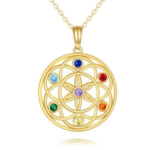 KECHO 14K Real Gold Chakra Necklace Flower of Life Pendant Solid Yellow Gold 7 Chakra Jewelry Gifts for Women (Seed of Life)