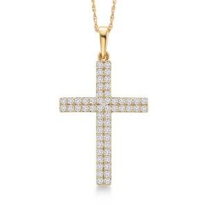 Gem Stone King 10K Yellow Gold White Lab Grown Diamond 2 Line Cross Crucifix Pendant Necklace For Women | 0.44 Cttw | G-H Color | 55 Diamonds | 1 inch | With 18 Inch Chain
