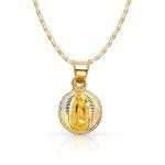 Ioka 14K Tri Color Solid Gold Our Lady of Virgin Mary Guadalupe Stamp Charm Pendant - Diamond Cut - Virgen De Guadalupe - with 1.5mm Valentino Chain Necklace - Daughter Birthday Baptism Gift - 20"