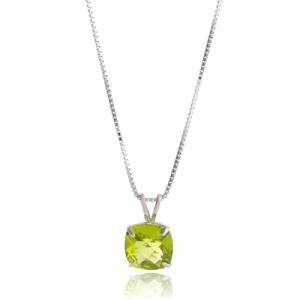 MAX + STONE Solid 14K White Gold Cushion Cut Peridot Necklace | 8mm Solitaire August Birthstone Necklace for Women | Green Gemstone Pendant Necklaces with 18 inch Box Chain