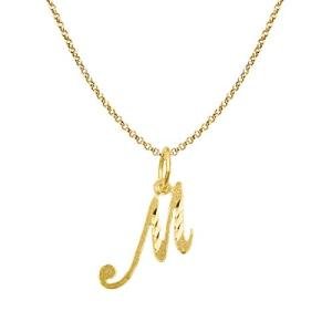 PRECIOUS STARS 14k Yellow Gold Diamond-cut Cursive Letter Initial 'M' Pendant with 1.2mm Rolo chain