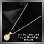 Ioka 14K Tri Color Solid Gold Our Lady of Virgin Mary Guadalupe Stamp Charm Pendant - Diamond Cut - Virgen De Guadalupe - with 1.5mm Valentino Chain Necklace - Daughter Birthday Baptism Gift - 20"