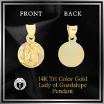 Ioka 14K Tri Color Solid Gold Our Lady of Virgin Mary Guadalupe Stamp Charm Pendant - Diamond Cut - Virgen De Guadalupe - with 1.5mm Valentino Chain Necklace - Daughter Birthday Baptism Gift - 20"