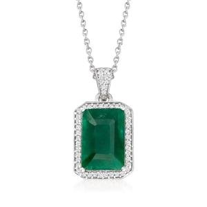 Ross-Simons 4.40 Carat Emerald and .24 ct. t.w. Diamond Pendant Necklace in Sterling Silver. 18 inches