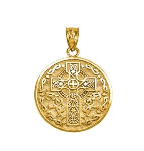 Celtic Cross Irish Blessing Textured Coin Medallion Pendant Necklace Fine Real Solid 14Kt Yellow Gold