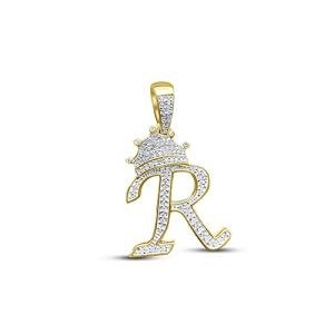 The Jewelers House Real Authentic 10k Solid Yellow Gold Genuine Tested Diamond Crown 3D Initial Pendant Letter Alphabet Charm Necklace, Free Sterling Silver Chain, Unisex (R)