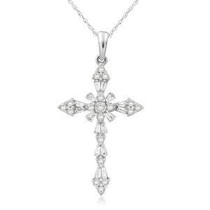 Jewelili 10K White Gold Cross Pendant Necklace for Women | 1/2 CTTW Natural White Round & Baguette Diamonds | 18" Rope Chain | Luxury Jewelry with Gift Box | Gift for Her