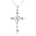 Jewelili 10K White Gold Cross Pendant Necklace for Women | 1/2 CTTW Natural White Round & Baguette Diamonds | 18" Rope Chain | Luxury Jewelry with Gift Box | Gift for Her