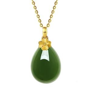 ZHOU LIU FU 24K Solid Gold Pendant for Women, Real Pure Gold Green Nephrite Jade Jewelry Dainty Drop Pendant for Girlfriend (Not Include Necklace)