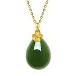 ZHOU LIU FU 24K Solid Gold Pendant for Women, Real Pure Gold Green Nephrite Jade Jewelry Dainty Drop Pendant for Girlfriend (Not Include Necklace)