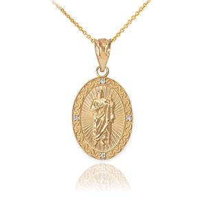 10k Gold Oval Saint Jude Thaddeus Diamond Medal Pendant Necklace (Small), 18"
