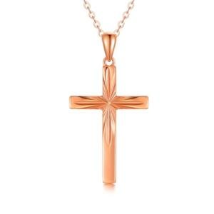 14K Solid Gold Cross Necklace for Women, Delicate Rose Gold Italian Diamond-cut Cross Pendant Necklace Religious Jewelry for Wife, Mom, 16"-18"