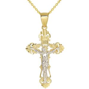 Jewelry America Solid 14K Two-Tone Gold Roman Catholic Cross Charm with Jesus INRI Crucifix Pendant Necklace, 16"
