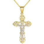 Jewelry America Solid 14K Two-Tone Gold Roman Catholic Cross Charm with Jesus INRI Crucifix Pendant Necklace, 16"