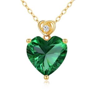 NFYBD 14k Gold Love Heart Emerald Birthstone Pendant Necklace for Women 3 Carat Heart-cut Created Gemstone Anniversary Birthday Mother's Day Necklaces for Her 16+1+1 inch-May
