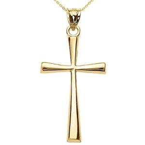 14K Yellow Gold Simple Classic Flared Cross Pendant Necklace with Rolo Chain - 18"