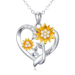 14K Real Gold Nature Diamond Heart Necklace for Women,White/Yellow Gold Sunflower Heart Pendant | You are My Sunshine,Anniversary Birthday Love Jewelry Gifts for Wife Mom 16"-18'' (Style-3)