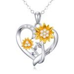 14K Real Gold Nature Diamond Heart Necklace for Women,White/Yellow Gold Sunflower Heart Pendant | You are My Sunshine,Anniversary Birthday Love Jewelry Gifts for Wife Mom 16"-18'' (Style-3)