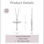 Jewelili 10K White Gold Cross Pendant Necklace for Women | 1/2 CTTW Natural White Round & Baguette Diamonds | 18" Rope Chain | Luxury Jewelry with Gift Box | Gift for Her