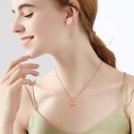 14K Solid Gold Cross Necklace for Women, Delicate Rose Gold Italian Diamond-cut Cross Pendant Necklace Religious Jewelry for Wife, Mom, 16"-18"