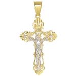 Jewelry America Solid 14K Two-Tone Gold Roman Catholic Cross Charm with Jesus INRI Crucifix Pendant Necklace, 16"