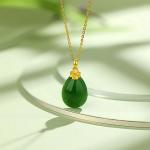 ZHOU LIU FU 24K Solid Gold Pendant for Women, Real Pure Gold Green Nephrite Jade Jewelry Dainty Drop Pendant for Girlfriend (Not Include Necklace)