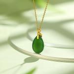 ZHOU LIU FU 24K Solid Gold Pendant for Women, Real Pure Gold Green Nephrite Jade Jewelry Dainty Drop Pendant for Girlfriend (Not Include Necklace)