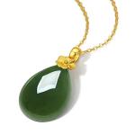ZHOU LIU FU 24K Solid Gold Pendant for Women, Real Pure Gold Green Nephrite Jade Jewelry Dainty Drop Pendant for Girlfriend (Not Include Necklace)