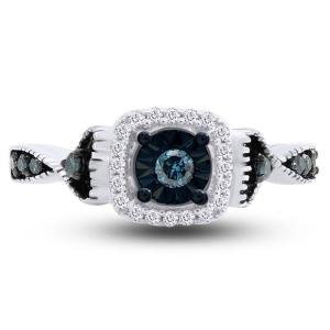 1/20ct Blue & White Natural Diamond Promise Ring 14K White Gold Plated Silver