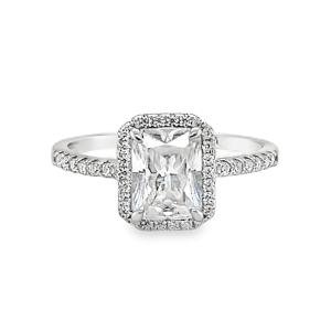 Emerald Cut Moissanite Halo Ring in Silver