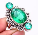 Simulated Emerald Quartz Antique Design Ring, Size 7
