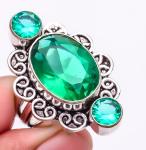 Simulated Emerald Quartz Antique Design Ring, Size 7
