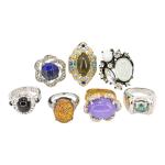 Set of 7 Stylish Cocktail Rings with Mixed Stones